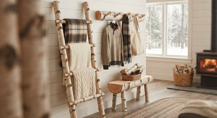 Rustic birch wood entryway accessories in a cozy cabin setting, including a ladder-style blanket rack, a matching bench, and a log-rolled coat rack by a window with a fireplace visible in the background.