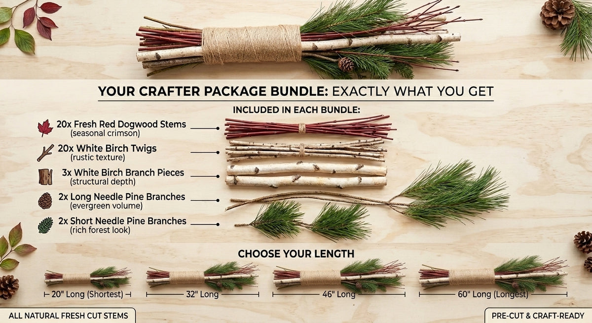 A product infographic for a fresh dogwood and pine craft bundle, showing the contents of a package on a light wood background. The bundle includes 20 fresh red dogwood stems, 20 white birch twigs, 6 long needle pine branches, and 2 short needle pine branches, all wrapped in twine.