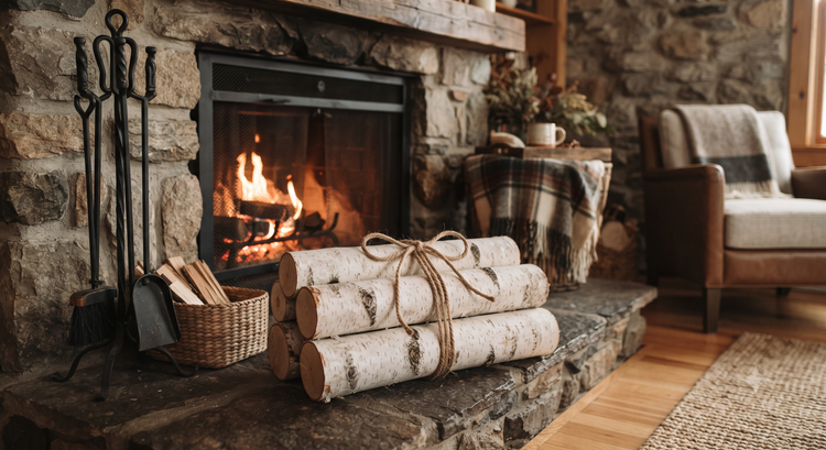 A rustic stone fireplace with a visible fire, stacked birch logs tied with twine on the hearth, black metal fireplace tools, a basket of firewood, and a cozy armchair in a warm living room setting.