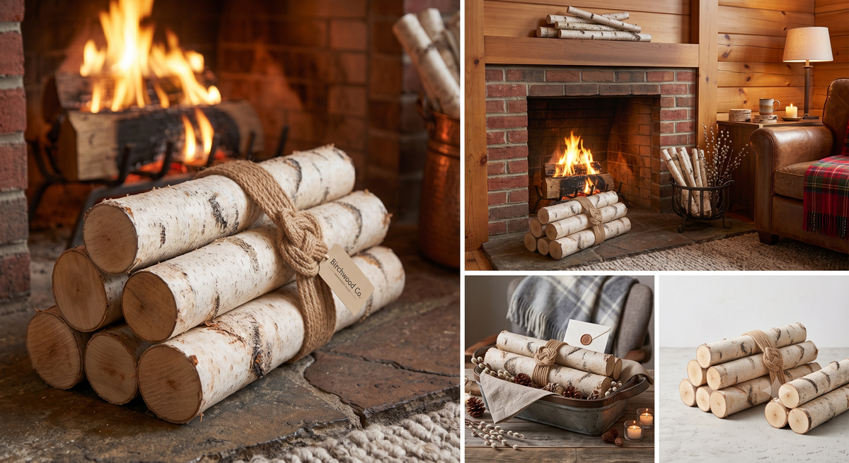 A collage showing stacked birch logs tied with twine, displayed in cozy fireplace scenes and styled on a table in a rustic room.