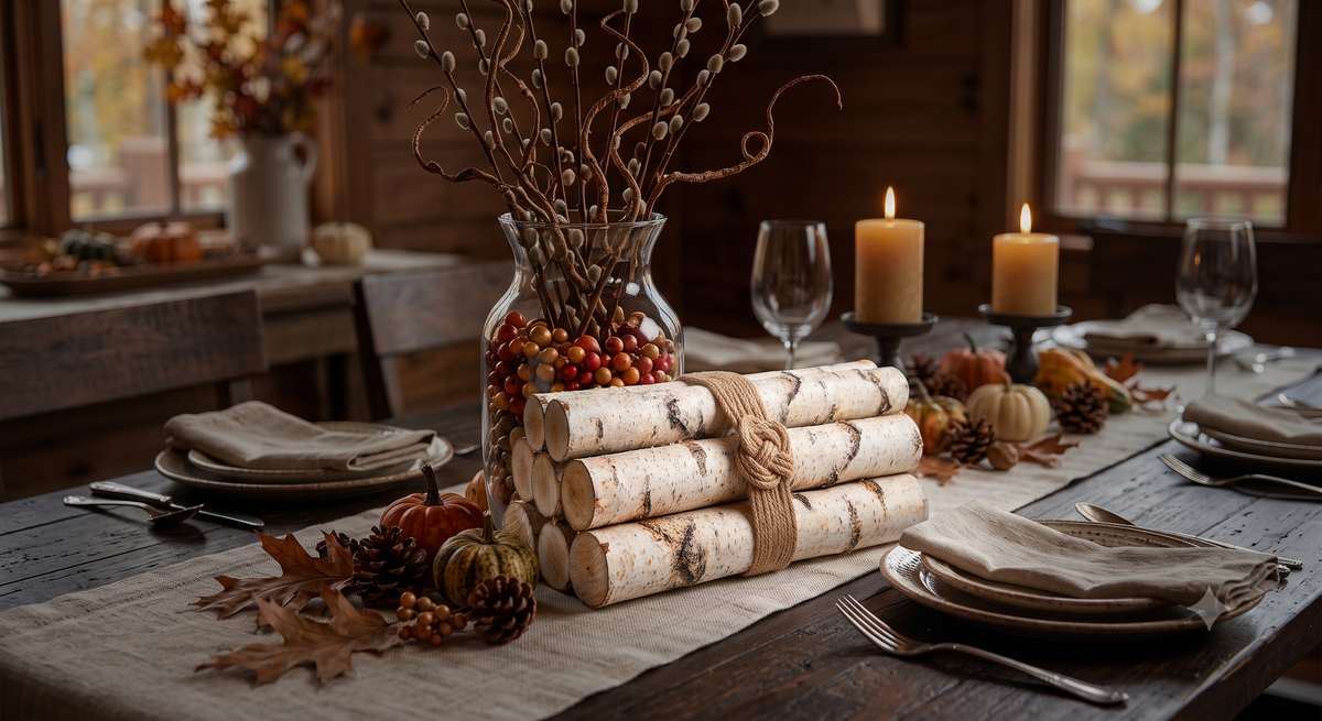 A rustic autumn table centerpiece featuring a bundle of birch logs wrapped in twine, a glass vase with dried branches and berries, candles, pinecones, and fall leaves on a dark wood dining table.