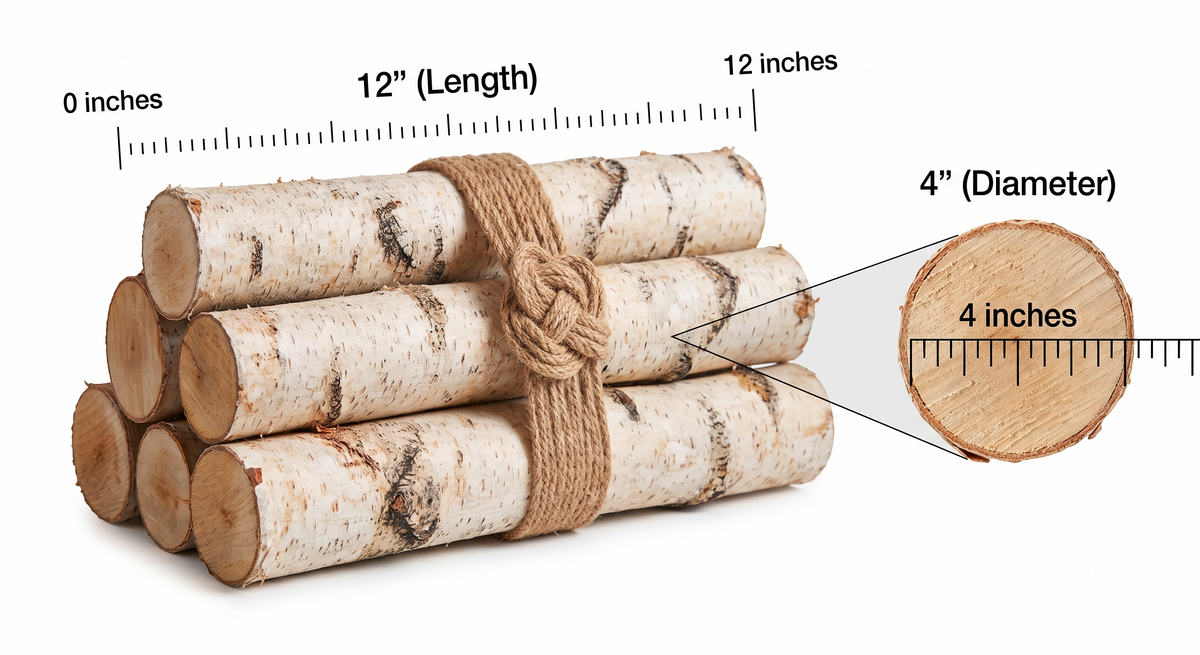 A bundle of small birch logs tied with a rope, shown with measurement callouts indicating 12 inches length and 4 inches diameter, plus a magnified circular wood cross-section on a white background.