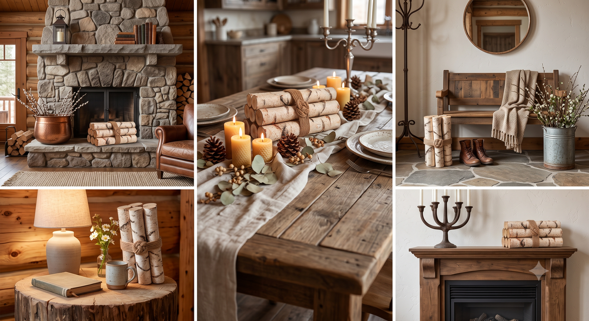 A six-panel collage showcasing rustic cabin home decor and styling, featuring a stone fireplace with stacked logs, a wooden dining table set with candles and pinecones, a cozy bench with a throw blanket, a small wooden side table with a lamp, and a fireplace mantel decorated with logs and a candelabra.