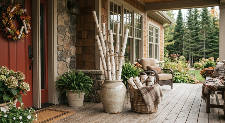 A rustic porch scene with a large beige ceramic vase holding birch branches, a wicker basket with a plaid throw blanket, stone and wood siding, windows, and outdoor greenery in the background.