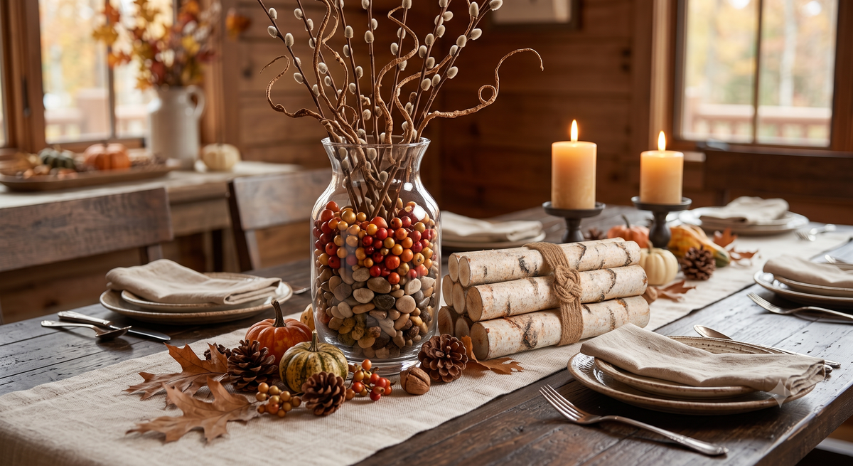 A rustic autumn-themed table centerpiece in a clear glass vase filled with colorful berries, dried branches, pinecones, acorns, and birch logs, set on a wooden dining table with candles, plates, and fall leaves.