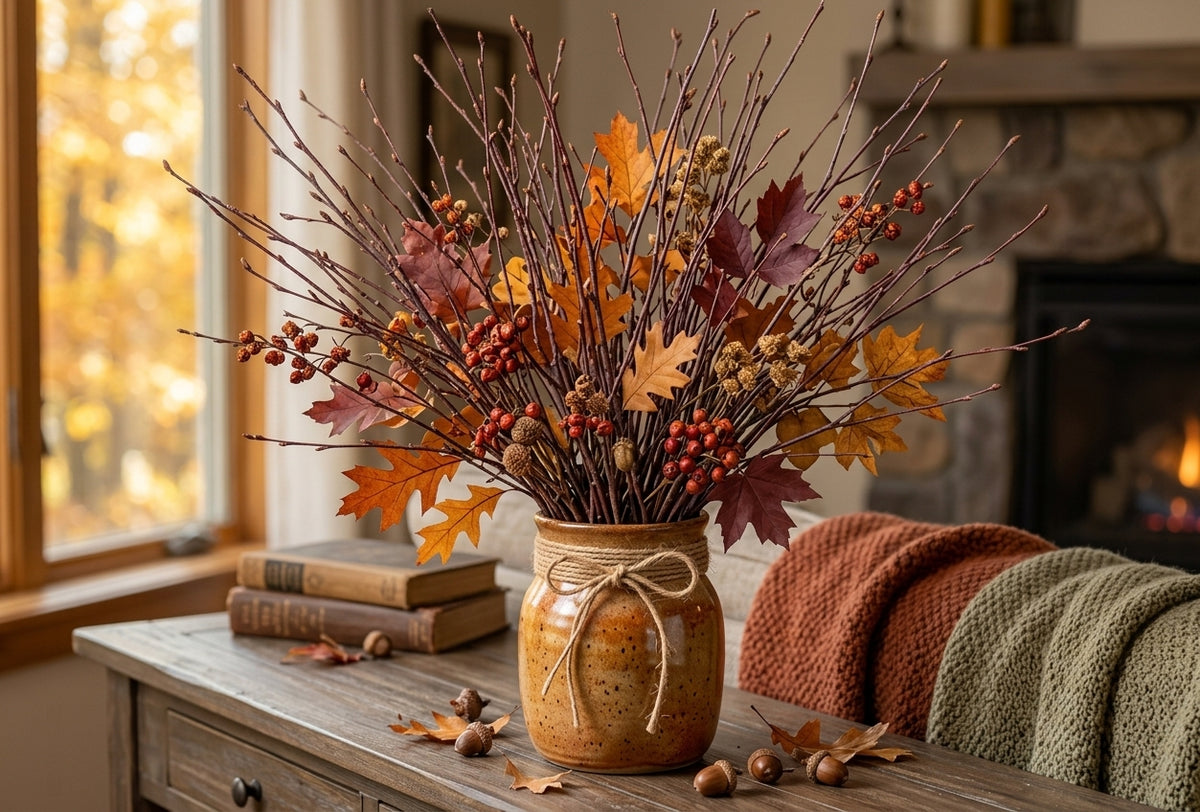 An autumn floral arrangement in a rustic brown ceramic jar, featuring orange and burgundy maple leaves, acorns, and red winter berries, styled with our white birch twigs on a wooden console table in a cozy living room setting. Sold By The Stick And Stem