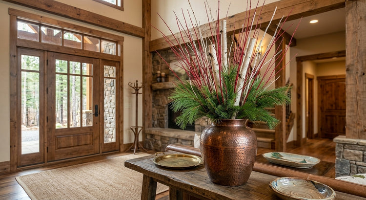 Red Dogwood, Birch Twigs, Birch Branches vase filler for sale at the stick and stem. A rustic copper-colored hammered vase filled with green pine branches and red decorative twigs, placed on a wooden table in a warm, wood-paneled living room with a stone fireplace and glass doors in the background.
