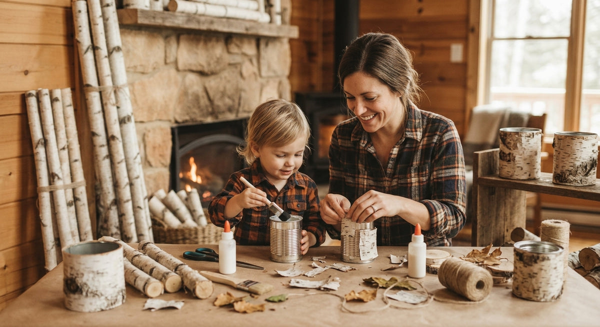 A woman and a young boy sitting at a table in a rustic cabin, crafting with birch bark, twine, and small metal containers in front of a stone fireplace.