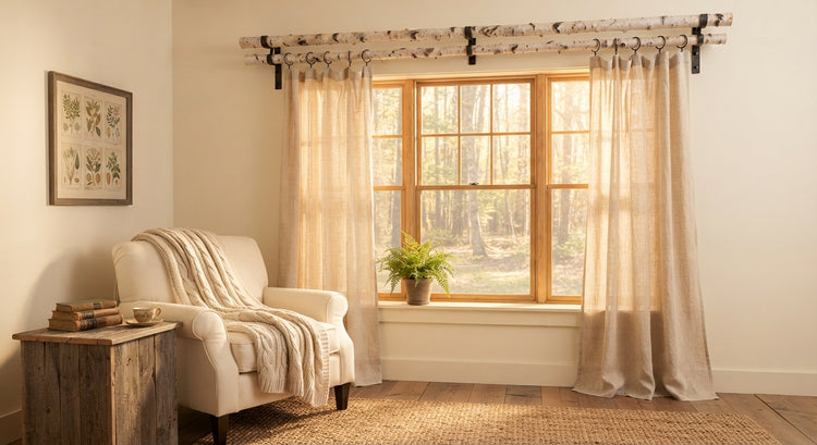 A pair of floor-length sheer curtains in a warm beige or cream tone hanging on a rod made from our birch poles with a decorative patterned finial, styled in a cozy room with a window, armchair, and side table.