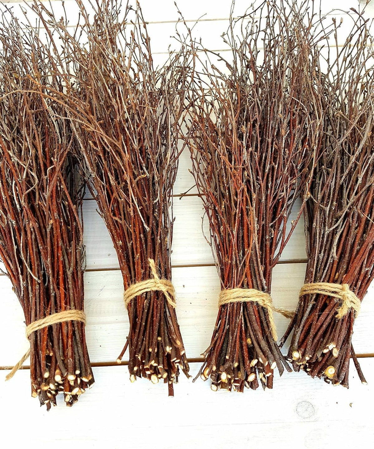 Four small rustic birch twig bundles tied with natural jute bands, arranged side by side on a white wooden background. Sold By The Stick And Stem