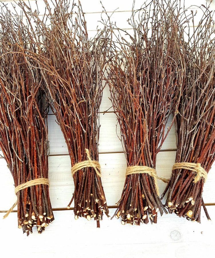 Four small rustic birch twig bundles tied with natural jute bands, arranged side by side on a white wooden background. Sold By The Stick And Stem