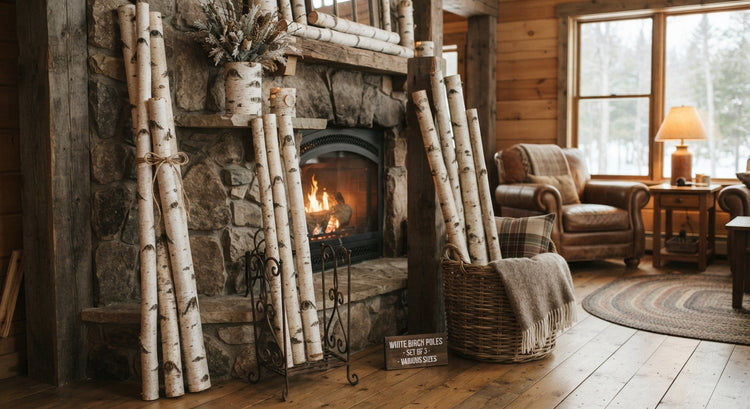 A rustic living room scene with a stone fireplace, birch logs leaning against the wall, a lit fire, a wicker basket with a throw blanket, and a leather armchair by a window.