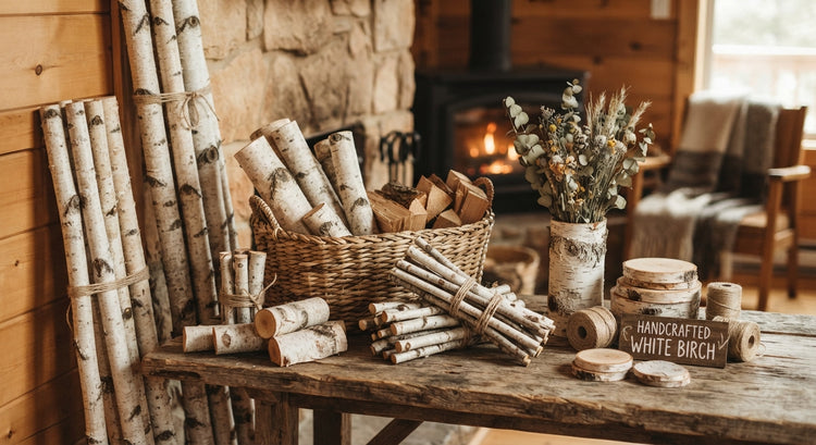 A rustic display of white birch wood products, including a basket of birch logs, a bundle of small twigs, a vase of dried botanicals, and stacked wood slices, with a sign reading 'Handcrafted White Birch,' set on a wooden table in a cozy cabin interior.