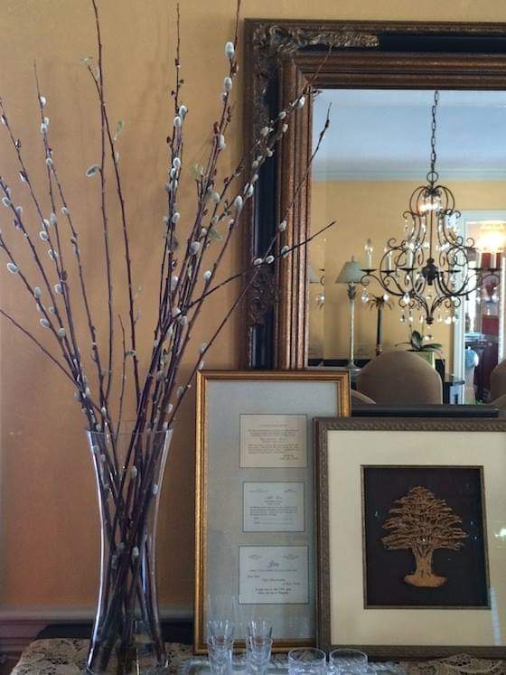 A tall glass vase filled with pussywillow stems, white catkin buds placed beside framed wall art and a large ornate mirror in an indoor room setting. buy pussywillow stems at The Stick And Stem