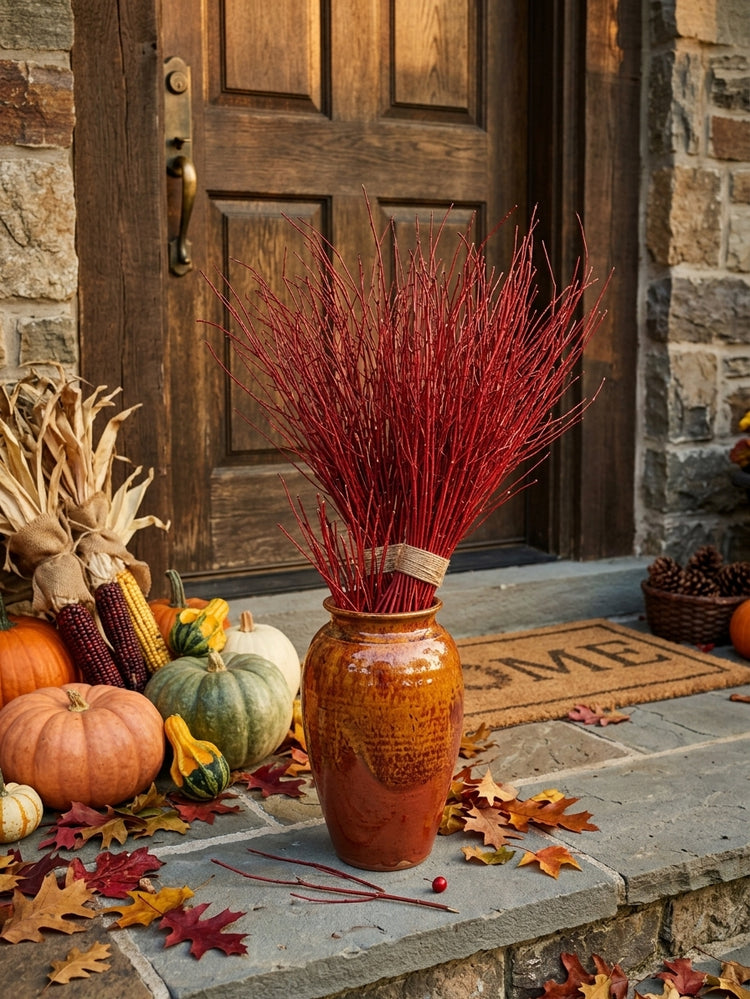 A tall brown ceramic vase filled with bright red dogwood stems, placed on a stone porch in front of a wooden door, surrounded by pumpkins, corn, dried leaves, and autumn leaves. Sold By The Stick And Stem