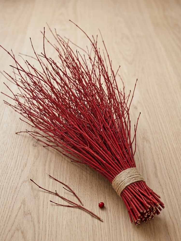 A bundle of decorative red twig dogwood stems tied with natural jute twine, arranged on a light wood surface with a few loose twigs and a small red berry nearby.