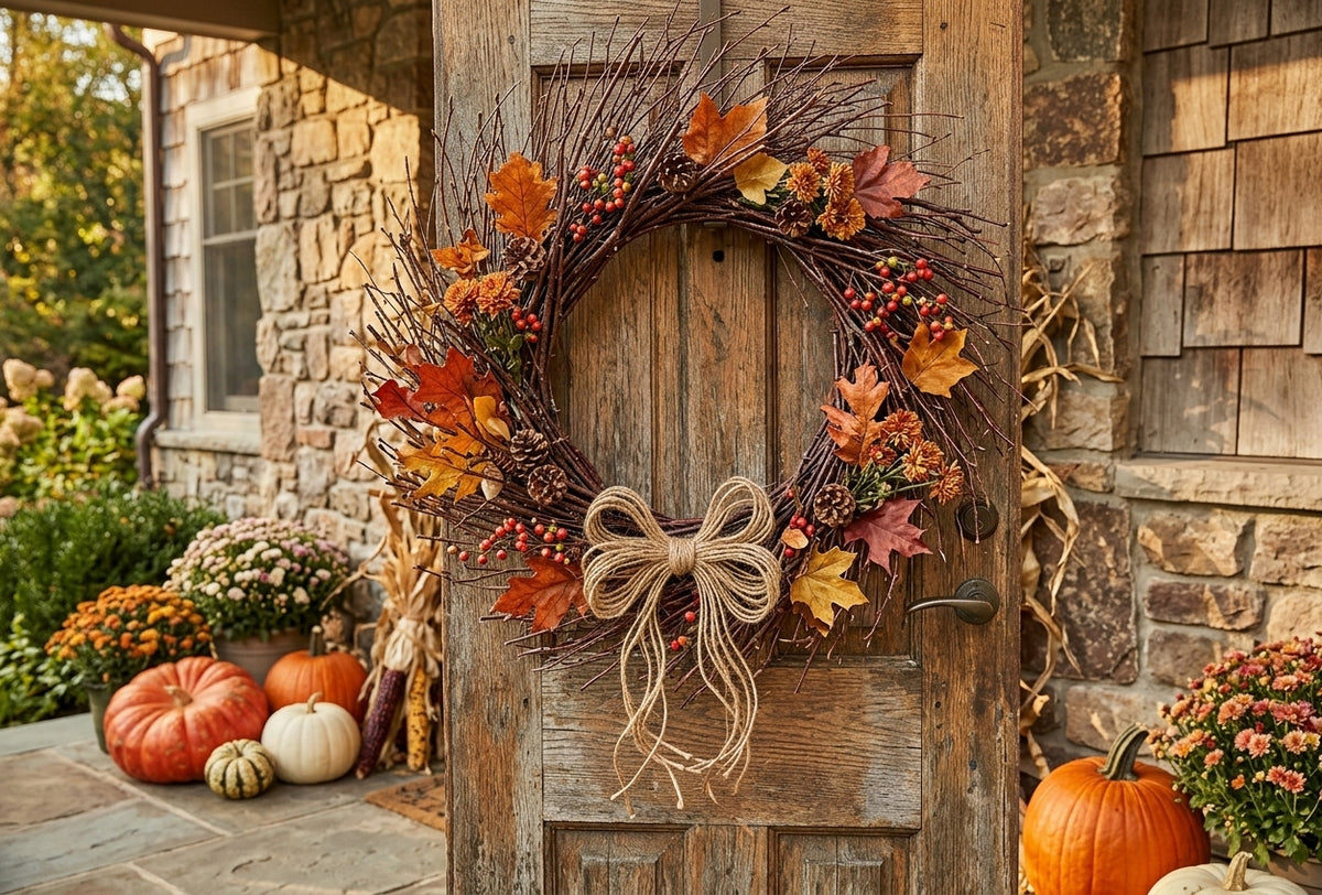 An autumn-themed birch twig wreath hanging on a rustic wooden front door. The wreath features orange and red maple leaves, brown birch branches, small red berries, and a large beige jute bow. Sold By The Stick And Stem