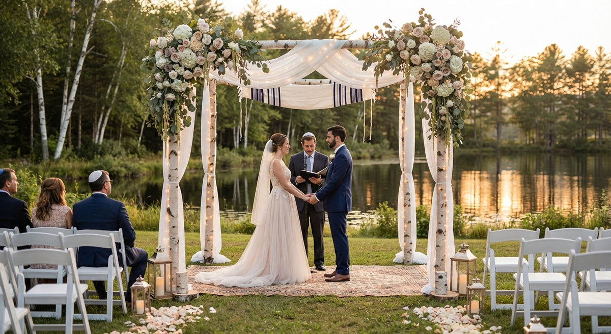 A bride and groom stand under a floral and draped wedding arch outdoors by a lake, with guests seated in white chairs and trees in the background at sunset.