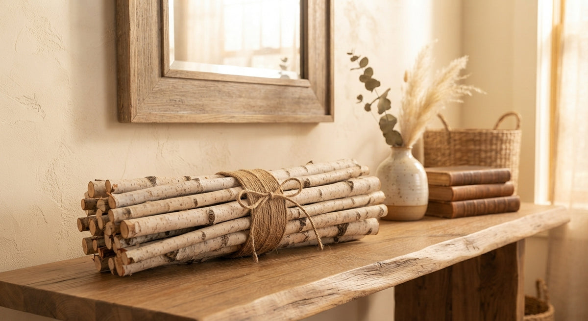 A rustic bundle of birch logs tied with twine sits on a wooden console table in a warm, styled interior setting with a mirror, vase, and dried grasses.